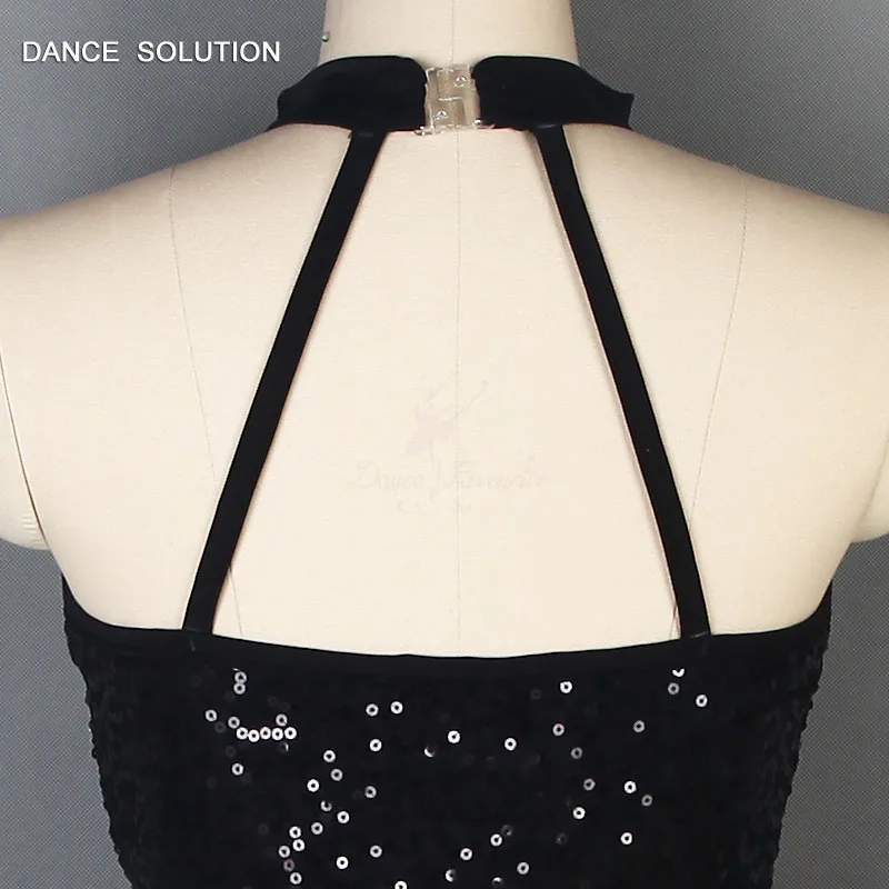 Унитард с Черными Блестками и юбкой бахромой танцевальная одежда лямкой на шее