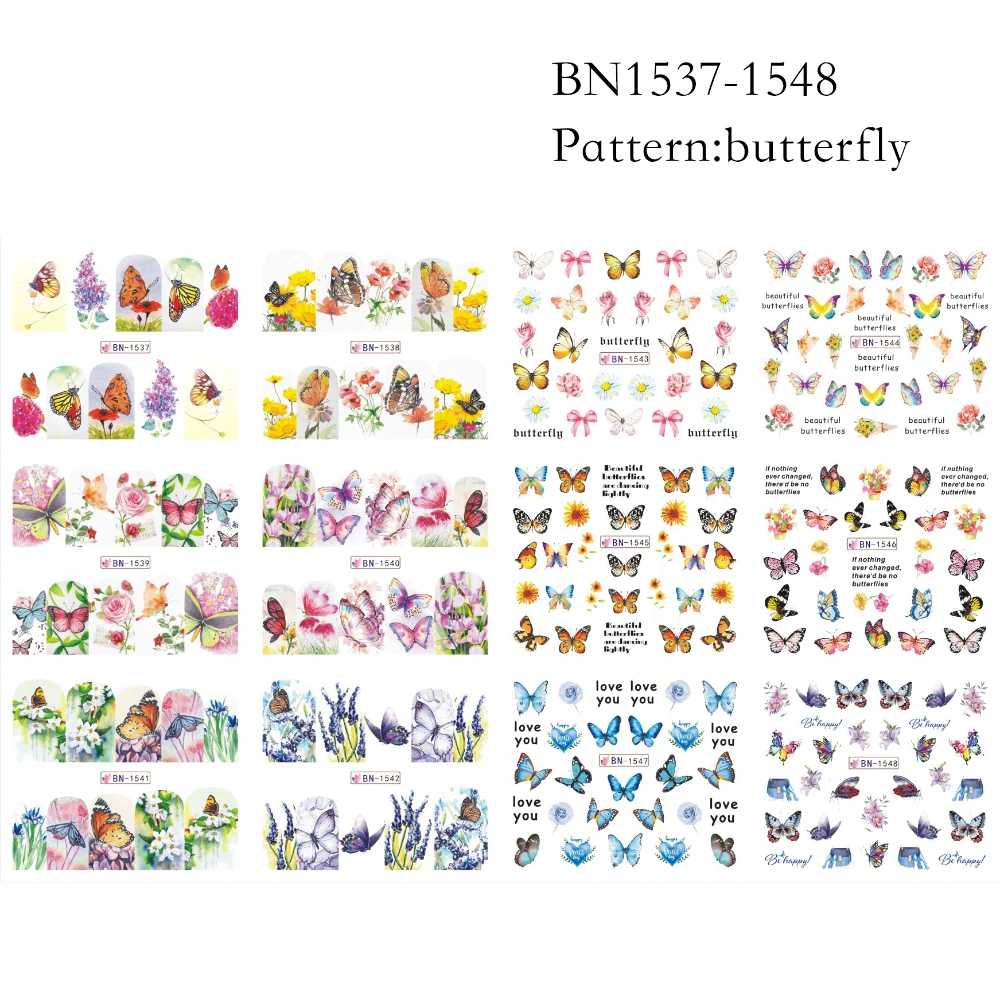 12 дизайнов красочных прекрасных наклеек для ногтей с цветами, бабочками и водным деколем MYBN1537-1548 на.
