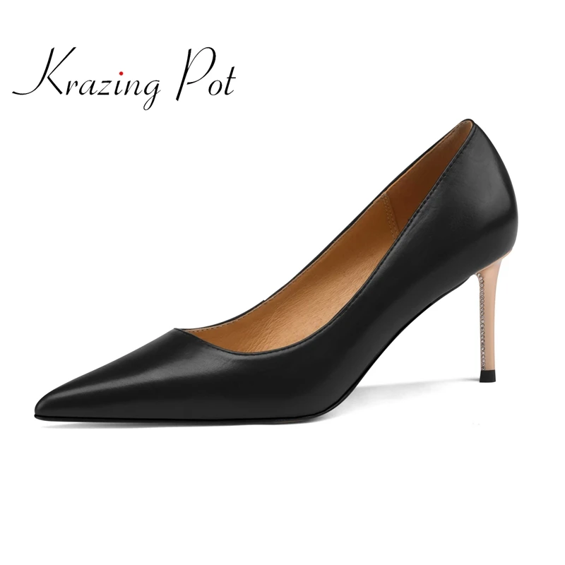 

krazing pot genuine leather pointed toe stiletto high heels office lady daily wear mature elegant shallow basic women pumps L10