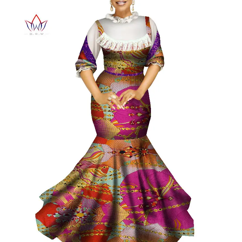 2021 New African Ankara Dresses For Women Bazin Riche Lantern Sleeve Gowns Dashiki Vestdio Vintage Lolita Party Outfits WY9047