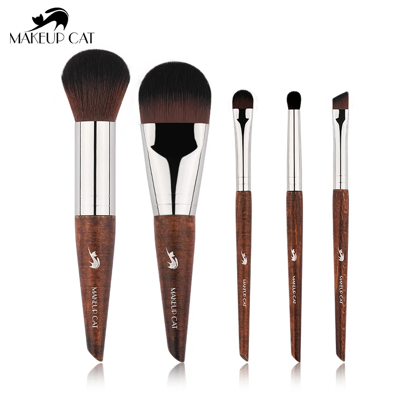 Makeup Cat Cosmetic Brush-5Pcs Portable Make Up Brushes And Iron Storage Box-Synthetic Hair Wooden Handle Makeup Set-Beauty Pens