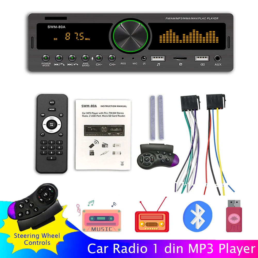 

Автомагнитола 1 Din для автомобиля, стереоприемник с Bluetooth, 12 В, AUX, FM, MP3 плеер, TF-карта, AUX, RCA, аудиоприемник для автомобиля с пультом дистанционн...