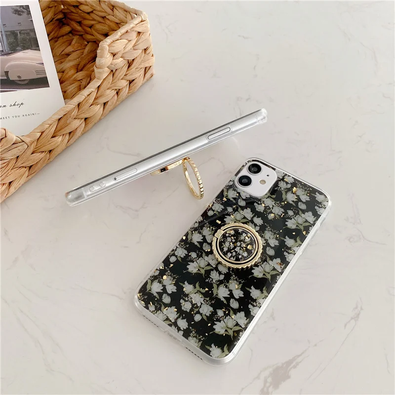 

Flowers silicone phone case for iphone xr xs x 11 Pro Max 8 7 Plus flower finger ring holder women covers for iphones 11 8Plus