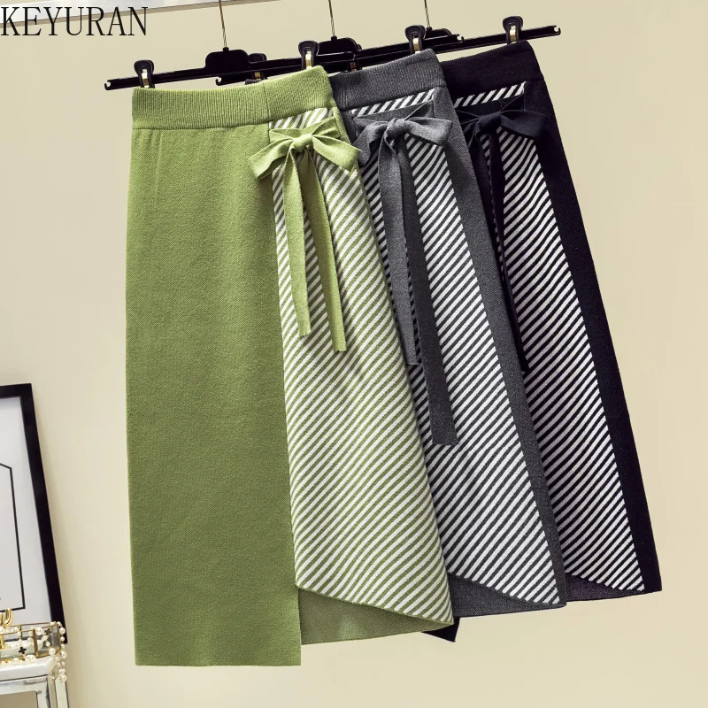 

Womens Elastic High Waist Knittd Skirts Irregular Striped Patchwork Female Autumn Winter Korean fashion Bow A-line Midi Skirt