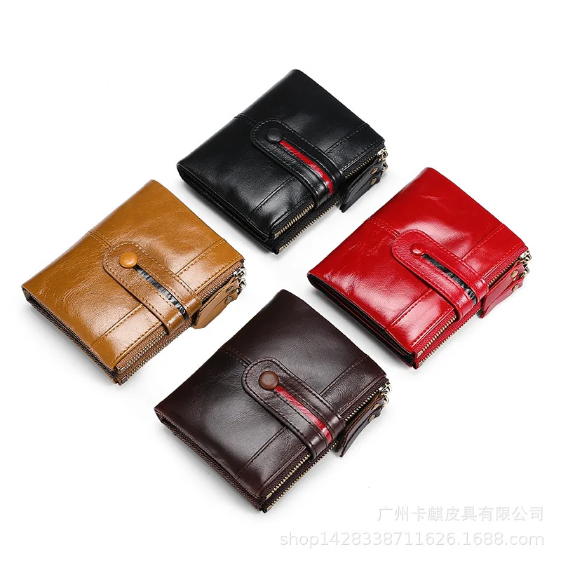 

Oil wax leather men's wallet fashion men's and women's zipper card holder rfid anti-theft brush vertical wallet