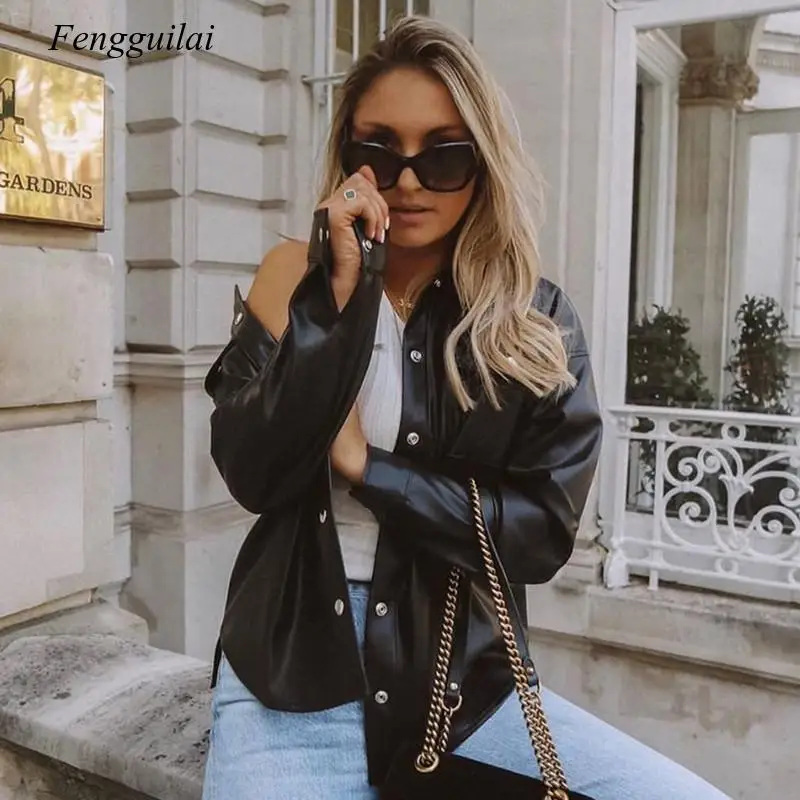 

Black Faux Leather Blouses Shirt Women Streetwear Covered Button Turn Down Collar Ladies Blouses Manches Bouffantes