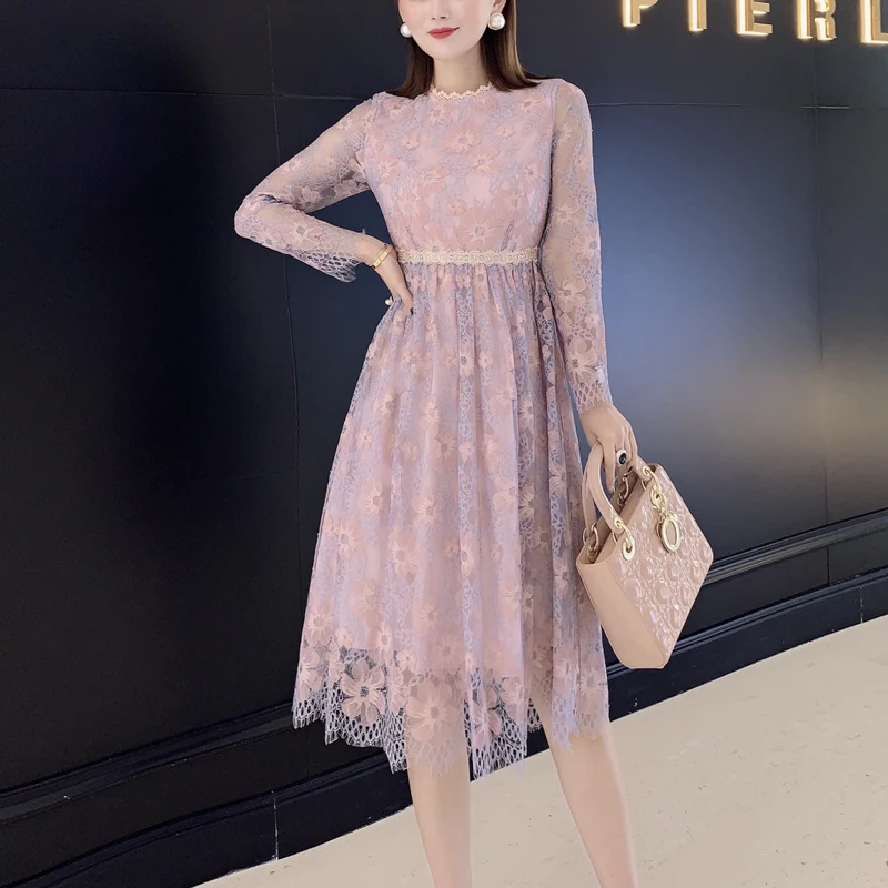 

2021 Summer New Style Retro Ethnic Style Sexy Lace Flower Long-Sleeved Slim Mid-Length Dress High-Quality Women'S Clothing