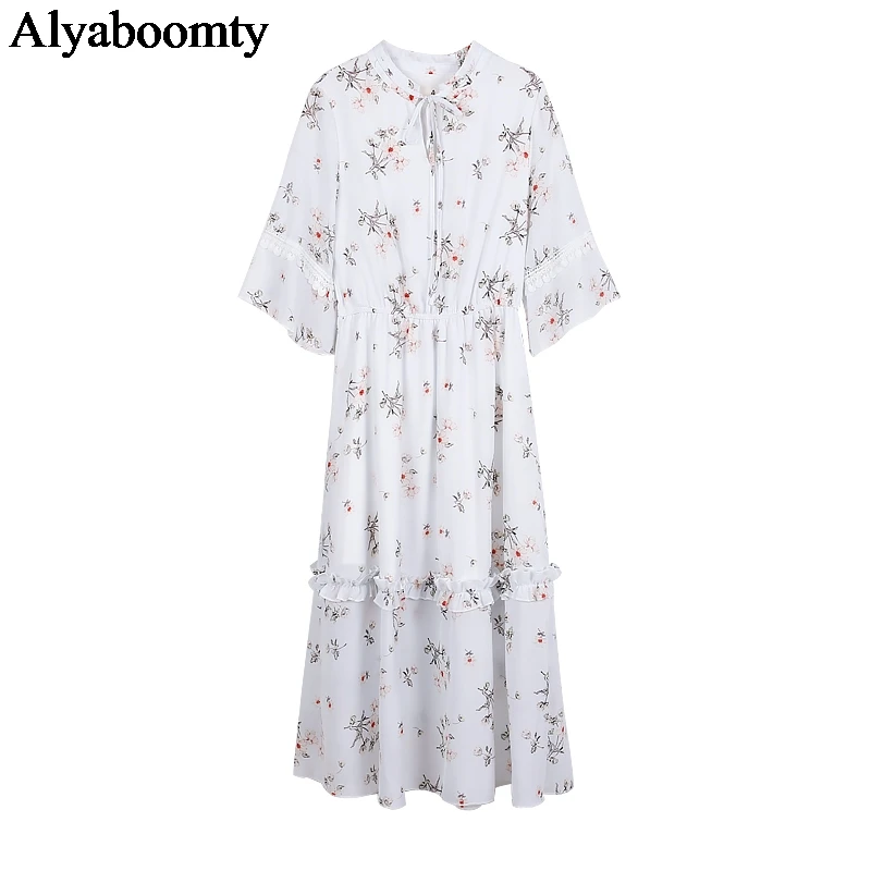 

2021 New Mori Girl Summer Women Sweet Dress Floral Printed Korean Chic Tassel Vestidos Chiffon Elegant Ruffles Party Midi Dress