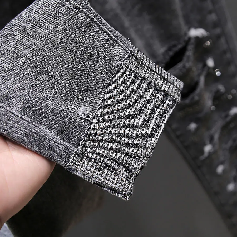 

Heavy industry pierced jeans women's 2021 new spring and autumn personality high waist show thin legs pencil pants fashion