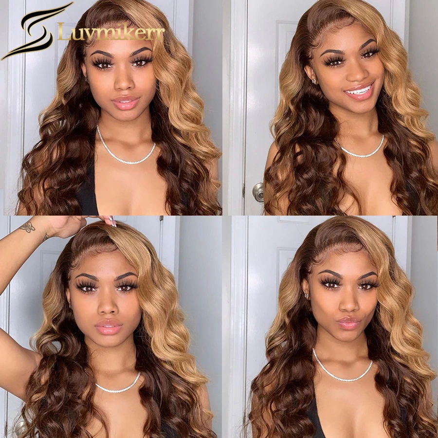 

Honey Blonde Highlight Colored Wig Wavy 360 Hd Transparent Lace Frontal Human Hair Deep Wave Brown Full Front Pre Plucked Wigs