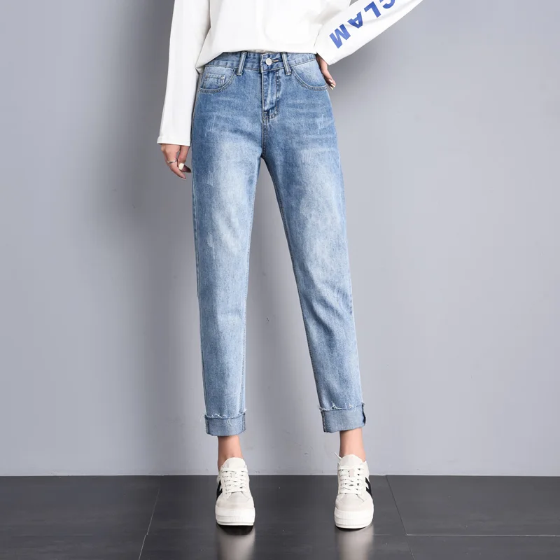 Light Blue Новинка, модные женские джинсы с высокой талией, одноцветные свободные джинсы с карманами для мам, потертые, поцарапанные, Ретро стиль, длинные брюки, повседневные, ropa mujer - Цвет: Light Blue