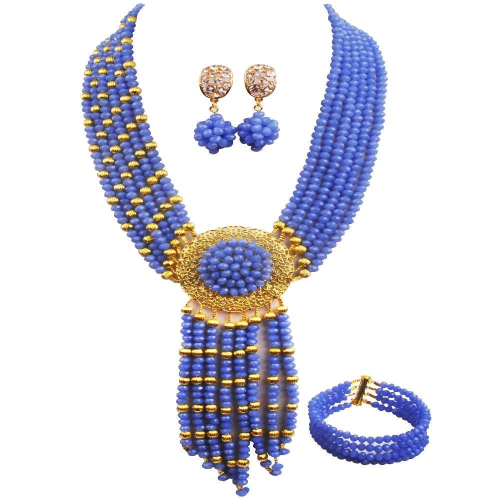 

Azure Blue African Beads Jewelry Set Crystal Beaded Costume Necklace Bracelet Earrings Set