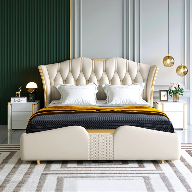 

bed net red after modern minimalist master bedroom queen bed Nordic wedding bed 1.8 meters Hong Kong-style new leather bed