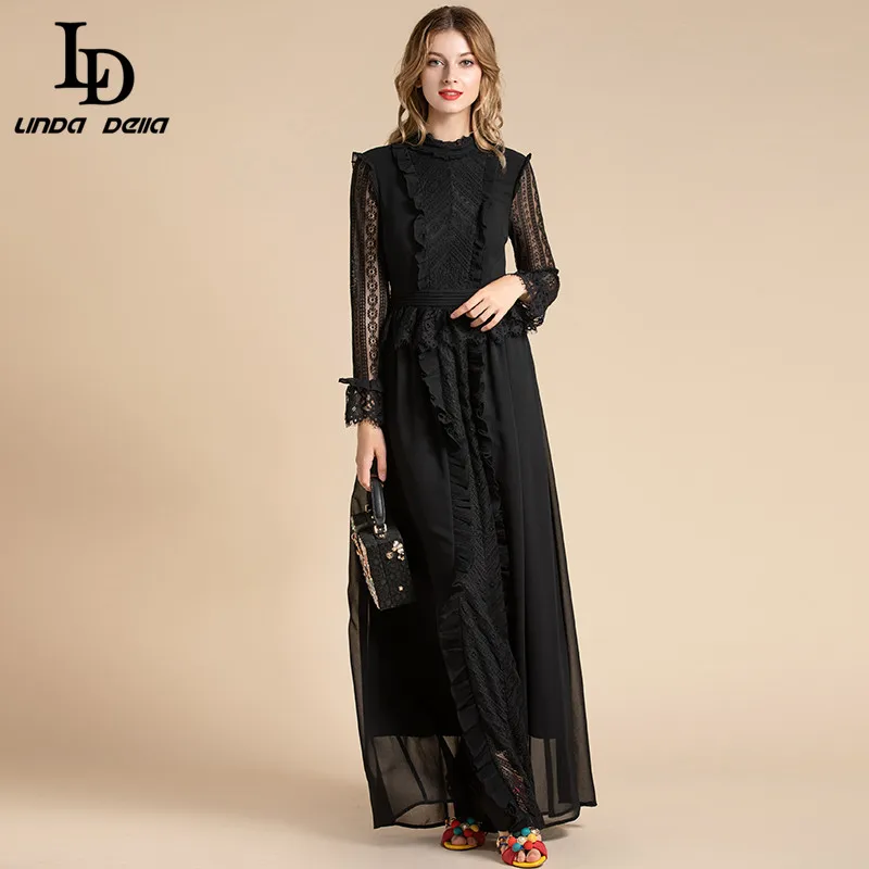 Женское длинное платье макси LD LINDA DELLA дизайнерское однотонное черное Сетчатое с