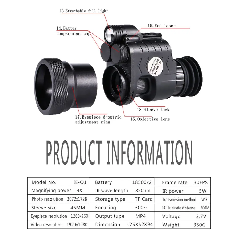 200m Range Digital Hunting Night Vision Rifle Scope Monocular Optic IR Sight Camera Multi-Imaging mode & Language | Спорт и