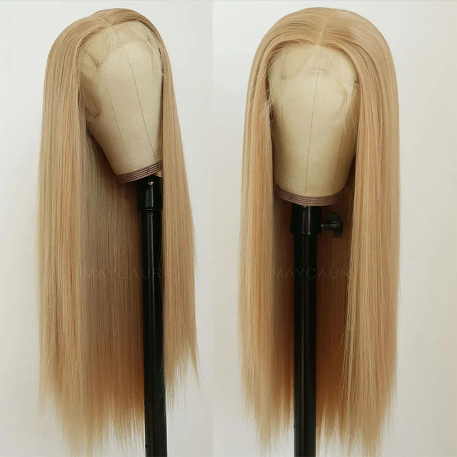 

Maycau Long Straight Blonde Color Synthetic Lace Front Wigs for Black Women Glueless Lace Wigs with Natural Hairline 22 Inches
