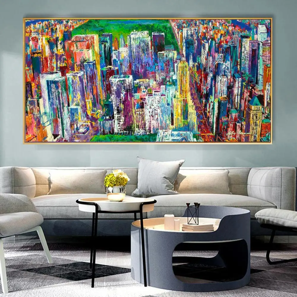 

DDHH Home Painting Large Size Abstract City Oil Painting Manhattan Panorama Wall Decor Blue For Print Picture