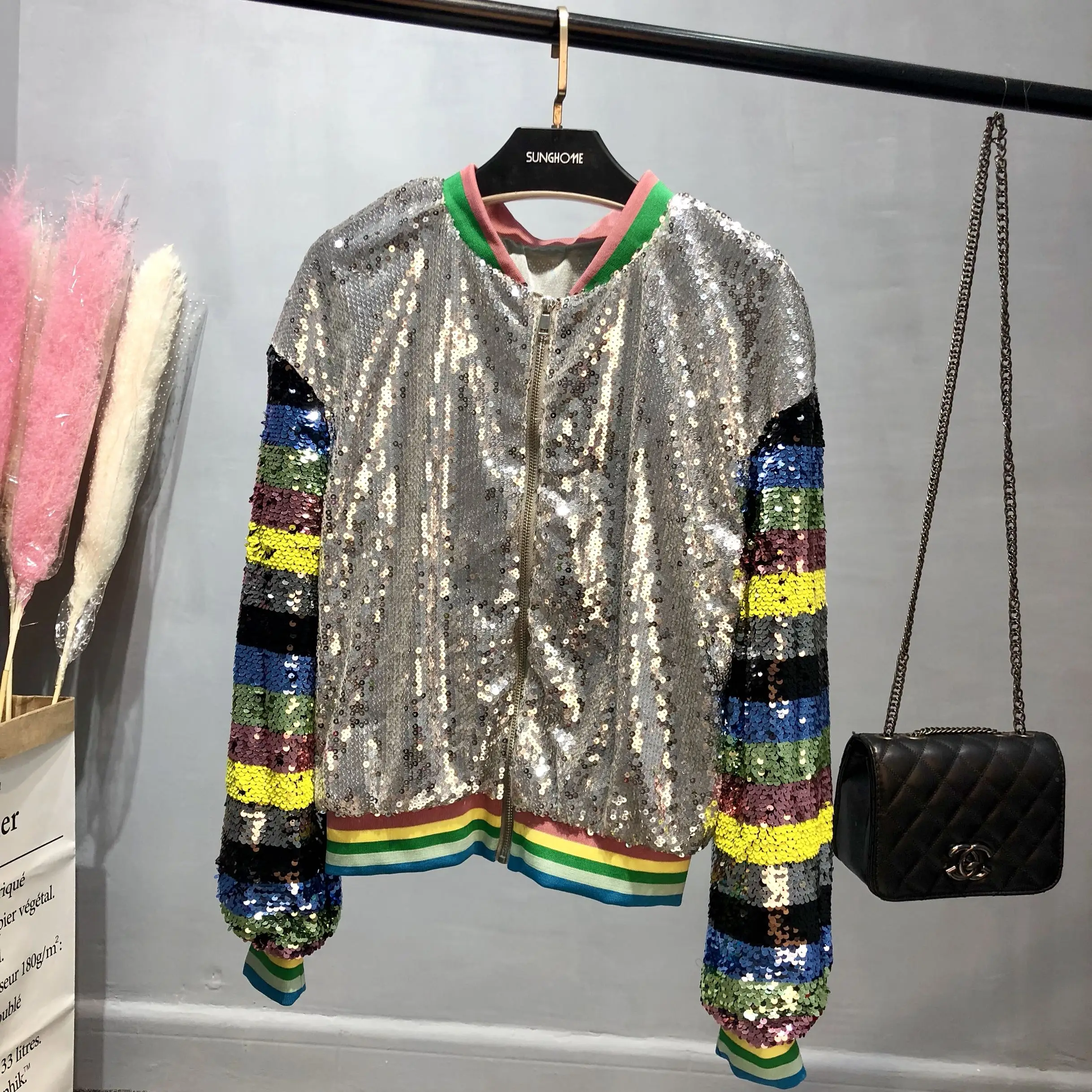 Бейсбольное Пальто Harajuku бейсбольное пальто с радужными блестками и бисером
