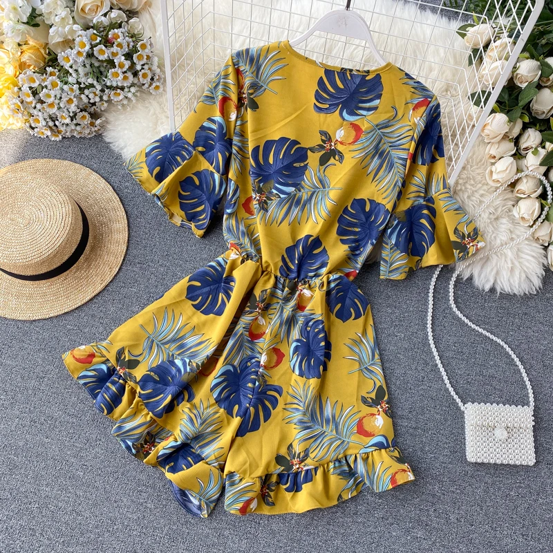 Boho 2021 v образный вырез Цветочная расцветка для офиса сексуальное с оборками и