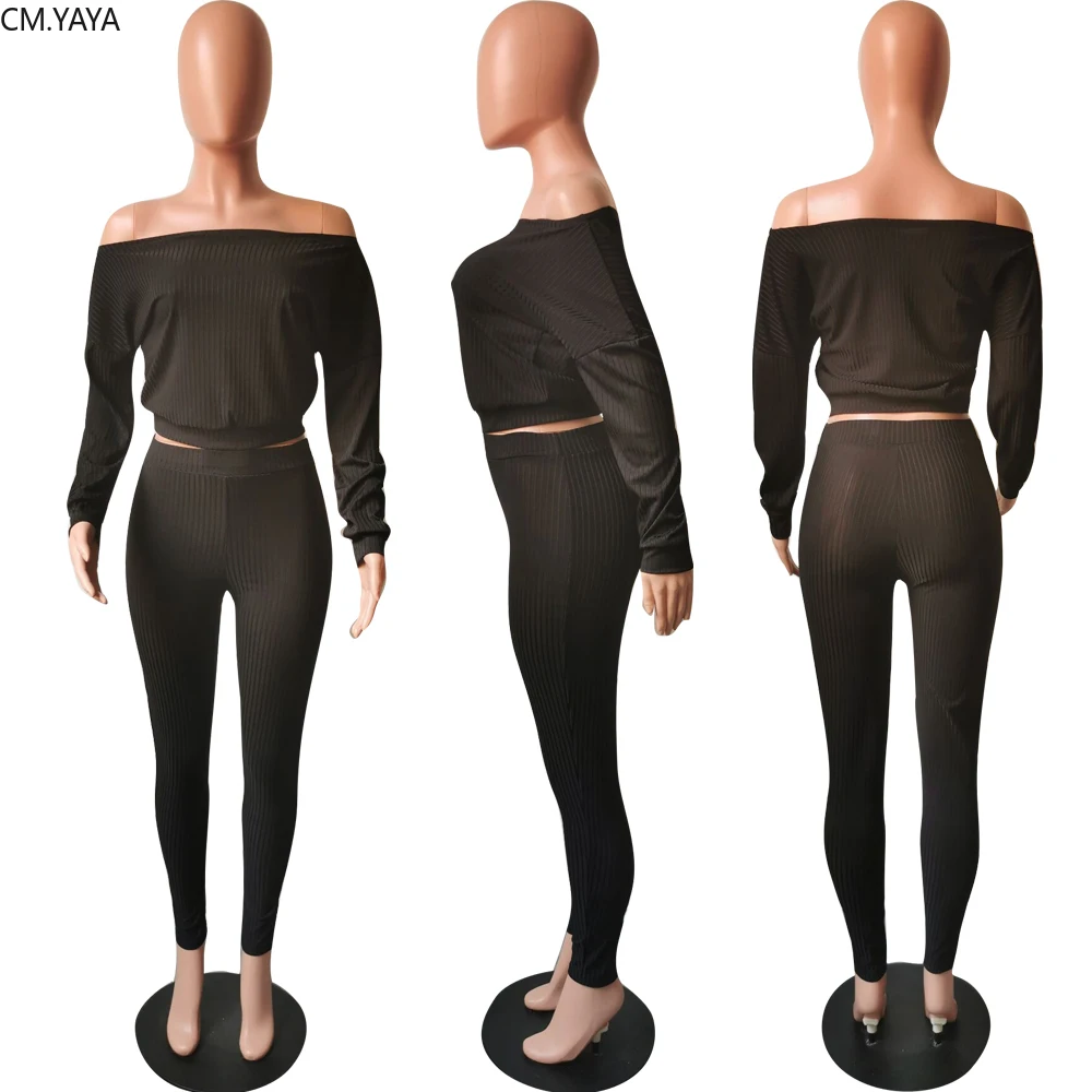 Осенний вязаный Однотонный женский комплект свитер с открытыми плечами и