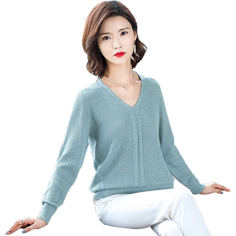 New 2019 Autumn and Winter Casual V-Neck Tops Womens fashion Knitted Pullovers Solid color Long sleeve Loose Sweater women