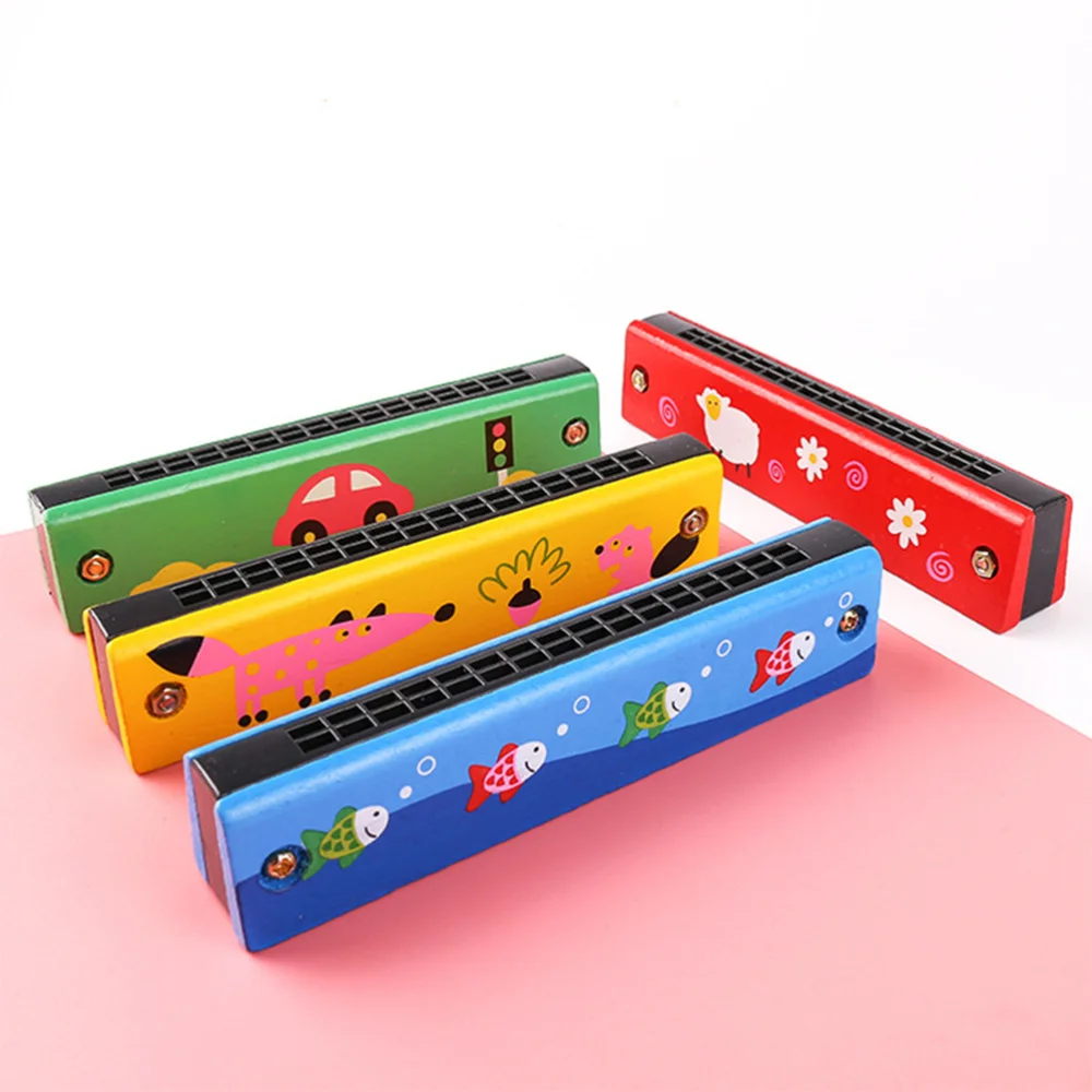 

4pcs Wooden Harmonica Toys 16 Holes Double Row Educational Musical Instruments for Kid (Random Pattern)