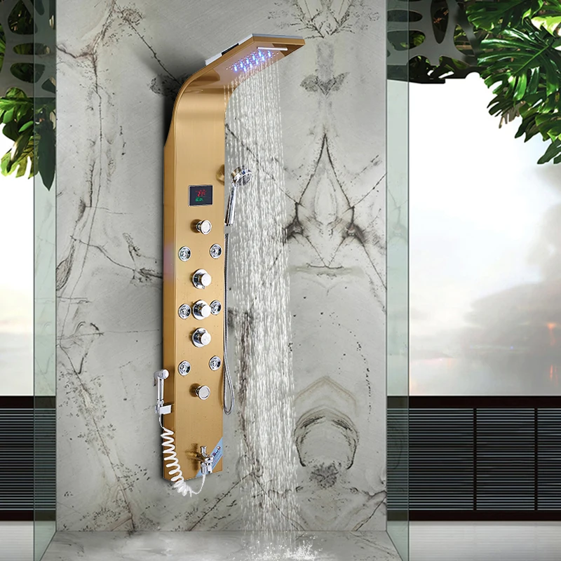Bathroom Shower Panel Column Brushed Nickel LED Rain waterfall Shower Panel 6 Functions 2 massage Big display With Bidet Taps