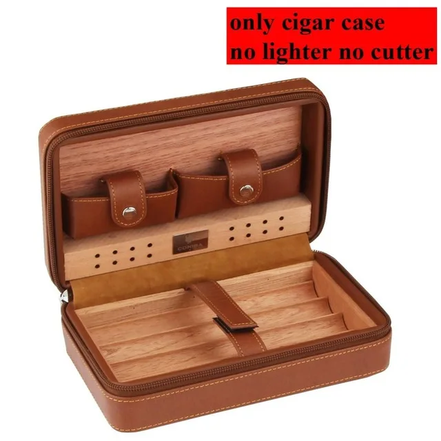 COHIBA, кедровое дерево, хьюмидор для сигар, портативный кожаный чехол коробка для сигар с зажигалкой, резак, увлажнитель, коробка для увлажнения - Цвет: No lighter No cutter