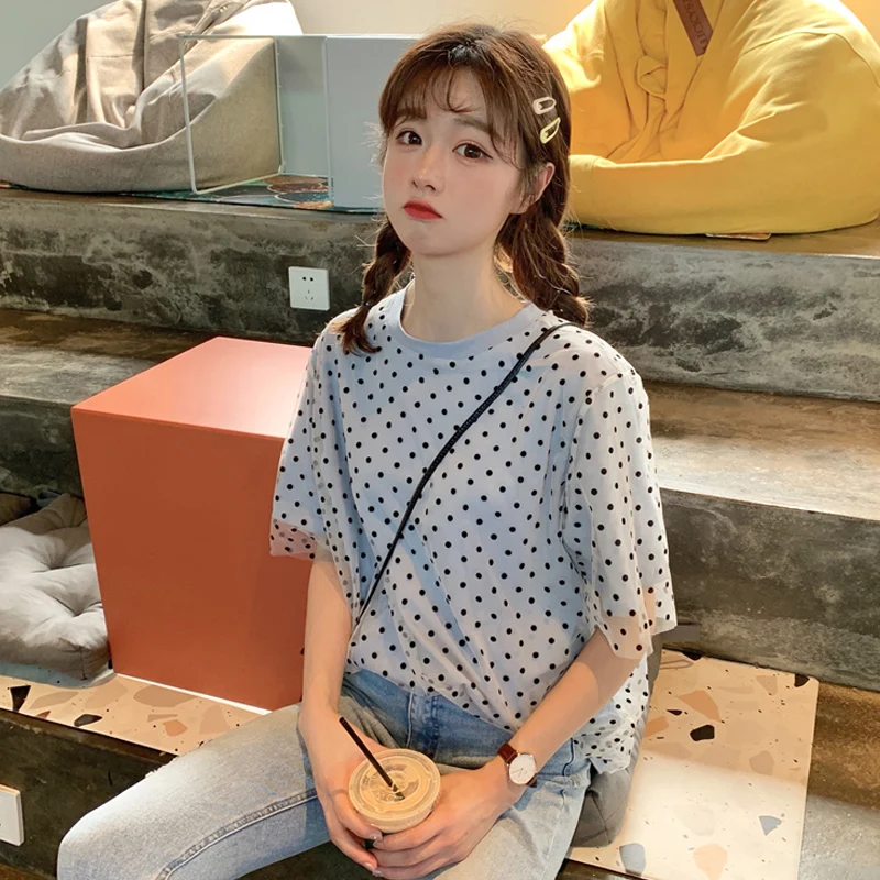 

Женская футболка в горошек, сеточка составного кроя с коротким рукавом и круглым вырезом, Повседневная Свободная футболка в Корейском стил...