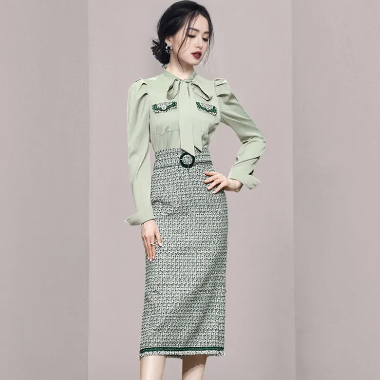 

Женский офисный костюм из двух предметов, элегантный шифоновый топ с пышными рукавами и бабочкой и твидовая юбка-карандаш с высокой талией ...