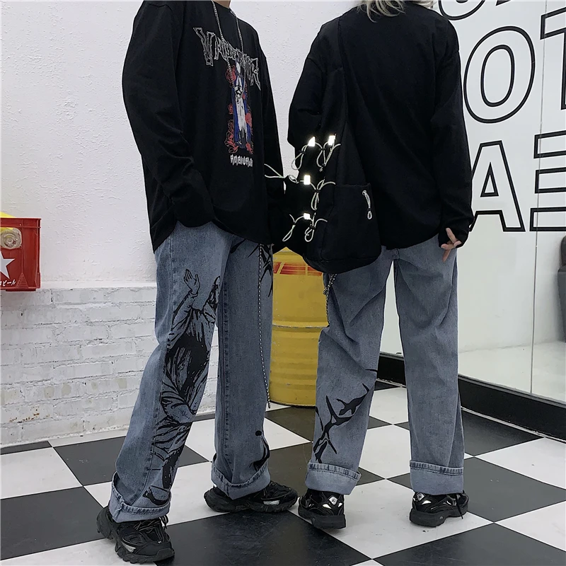 Harajuku джинсы для женщин и мужчин с принтом шипов высокой талией прямые женские