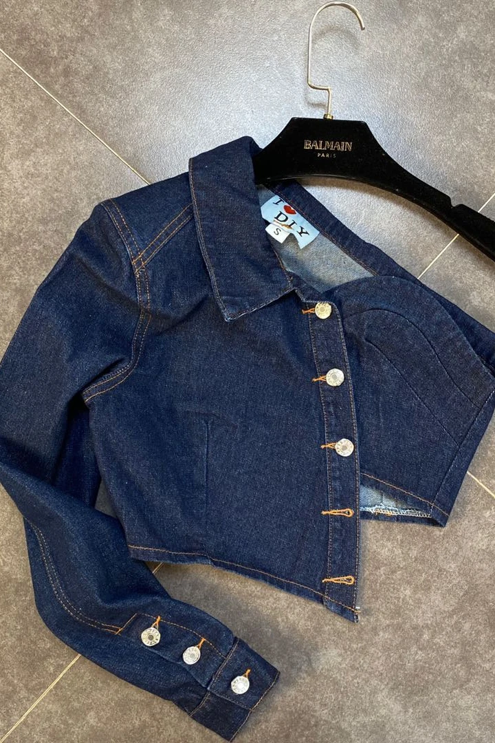 

2020 Autumn New Single Long Sleeve One Shoulder Skew Collar Dark Blue Irregular Denim Shirt Women Top Streetwear K405
