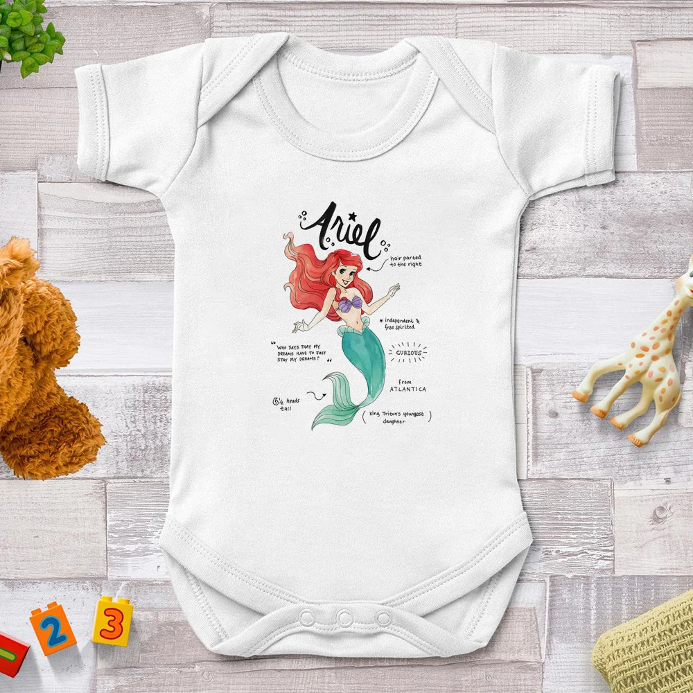 

New Casual Newborn Baby Boys Girls Short Sleeve Disney Princess Print Cute Cartoon Soft White Romper Jumpsuit Baby Clothes
