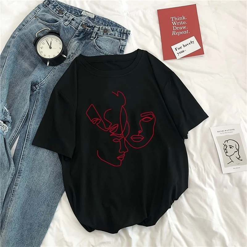

HAHAYULE-JBH Abstract Female Korea Ulzzang Summer Harajuku Short Sleeve Fashion Tops Fun Vintage Loose Casual T-shirt