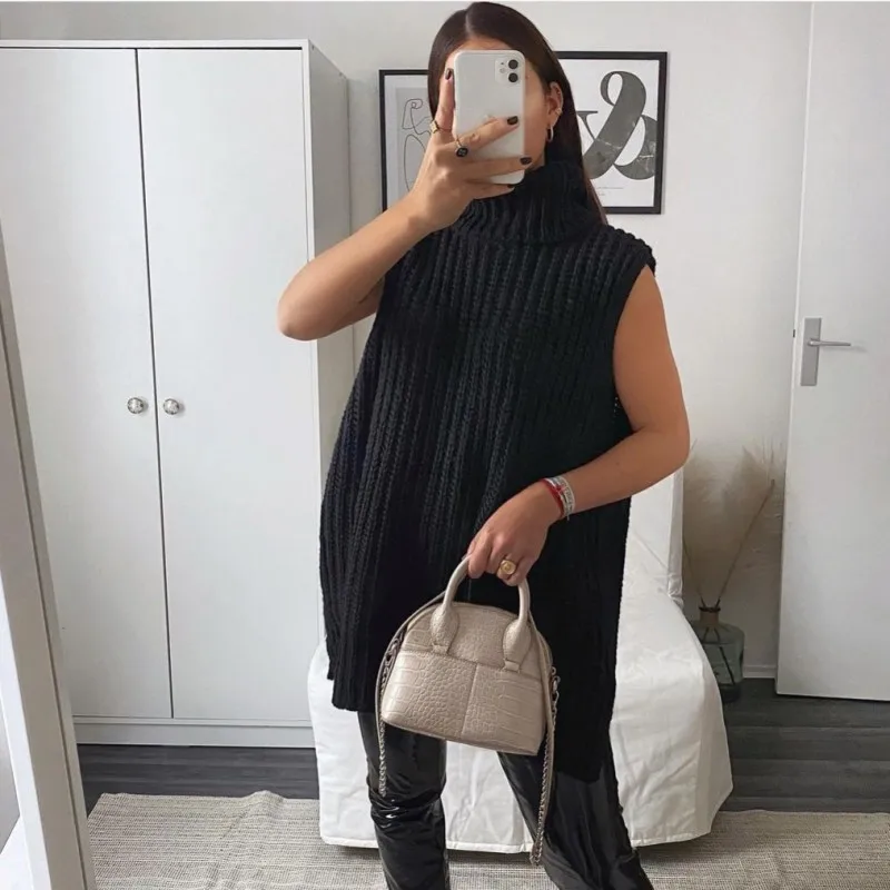

Black Color Turtleneck Sweater Vest Women Sleeveless Casual Loose Femme Pull 2021 Fashion Split Streetwear Stretchable Sweaters