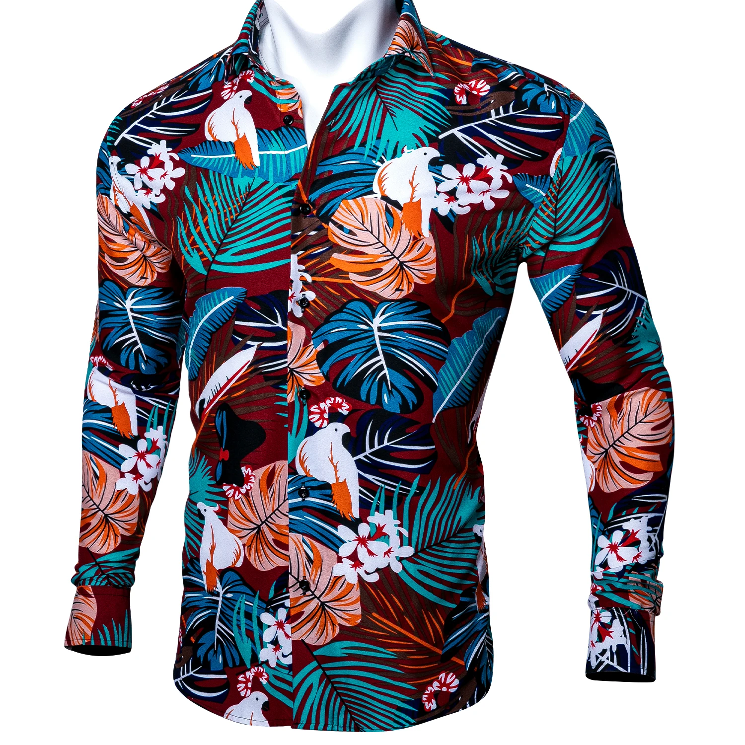 

6 цветов Barry.Wang Blue Rainforest Гавайские повседневные мужские рубашки персиковый; Кожа, вельвет, мягкая ткань, рубашки с длинным рукавом для мужчин