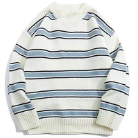 striped harajuku oversized sweater 2021 autumn new japanese style round neck spliced color loose couples hip hop knitted sweater