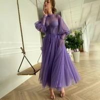 purple o neck corseted prom dresses long sleeves dotted tulle tea length evening dresses exposed boning a line party dresses