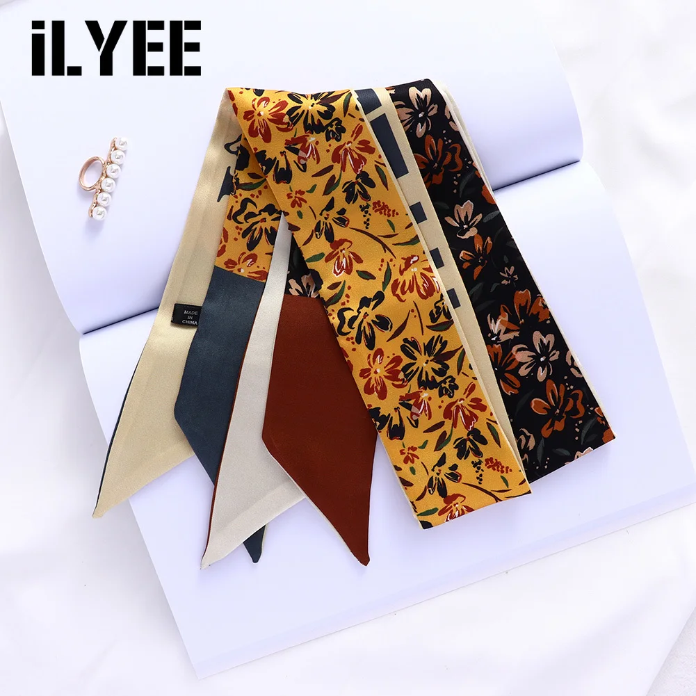 

ILYEE 2021 New Designer Long Skinny Floral Scarf Bandana Women Fashion Silk Hair Wrap Headband Scarves For Ladies Accessories