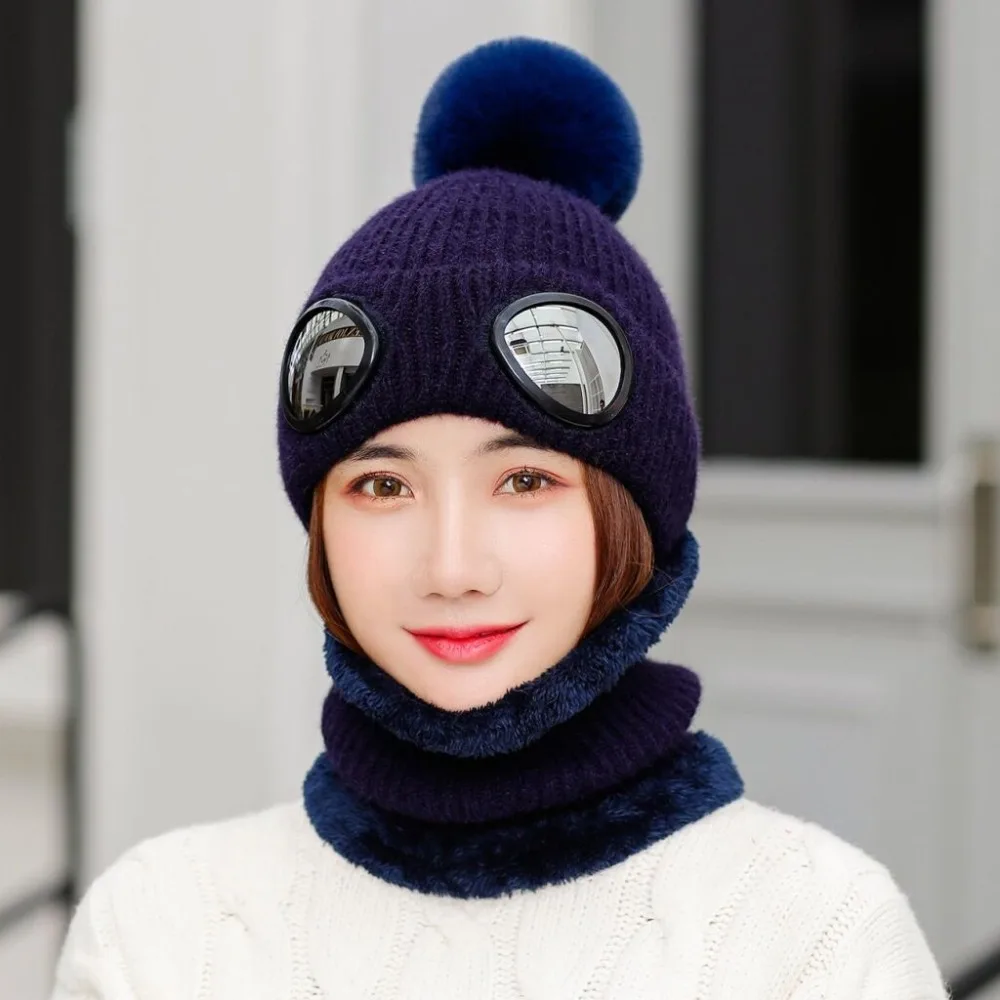 RUHAO зимняя вязаная шапка теплая шапочки Skullies Лыжная Шапка со Съемные очки для женщин и мужчин Кепка для занятий спортом на открытом воздухе