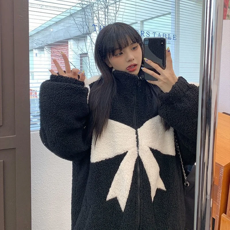 Loose Bowknot Polar Fleece Imitation Lamb Fur Fashionable New Winter Coat Faux Fur Coat  Puffer Jacket  Winter Coat Women