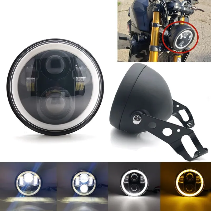 

Motorcycle Accessories 5.75 Inch Motorcycle Metal Projector DRL LED Front Headlight With Angel Eye + 5 3/4" Headlight Bracket