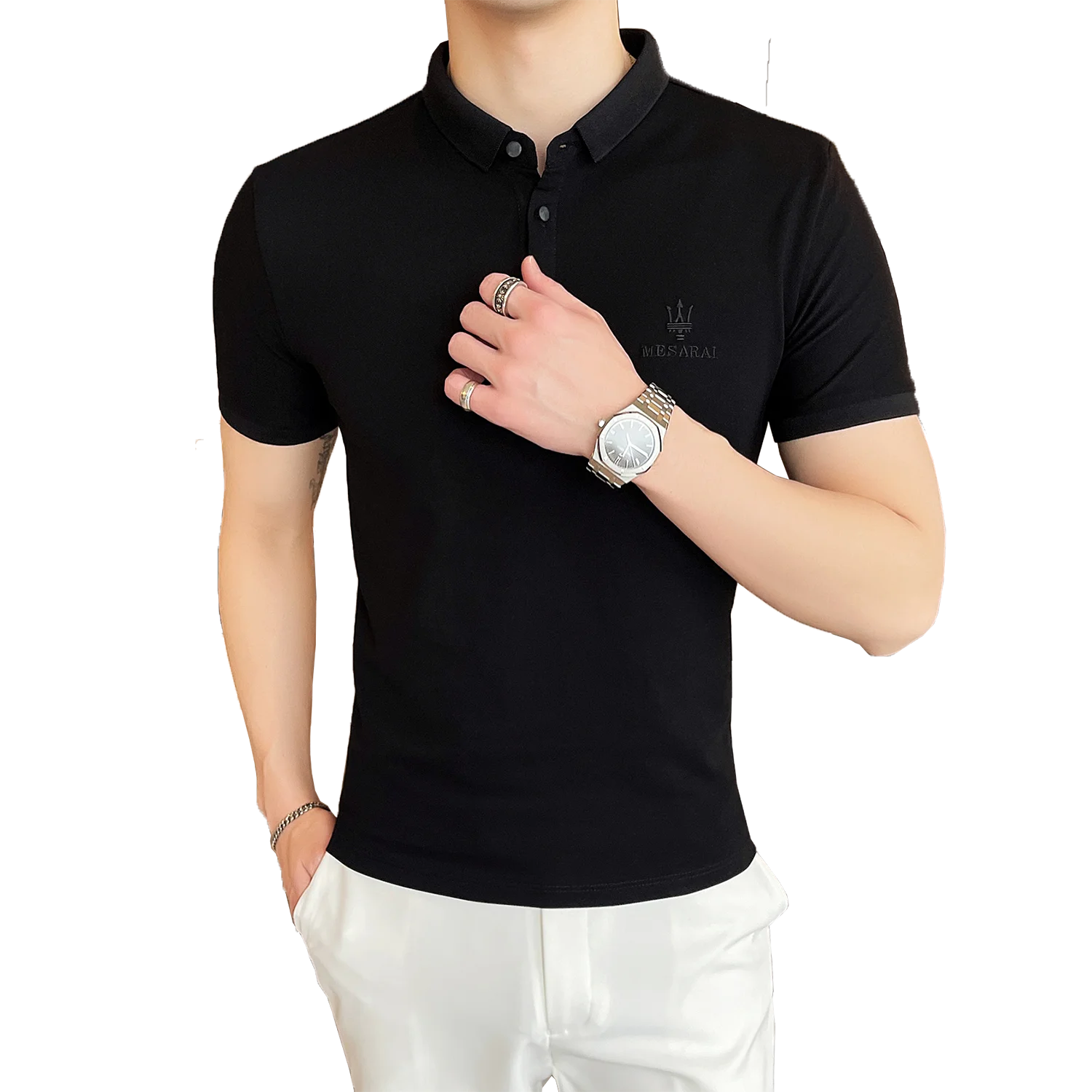 

2021 Solid Colors POLO Shirts Men Short Sleeve Slim Shirts Korean Business Casual Lapel Top Street Wear Social Office Clothes