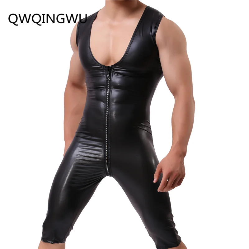 

PU Faux Leather Tight Body Underwear Men Shapers Sexy Singlet Bodysuit Wrestling Leotard Male Casual Zipper Underwear Shaper