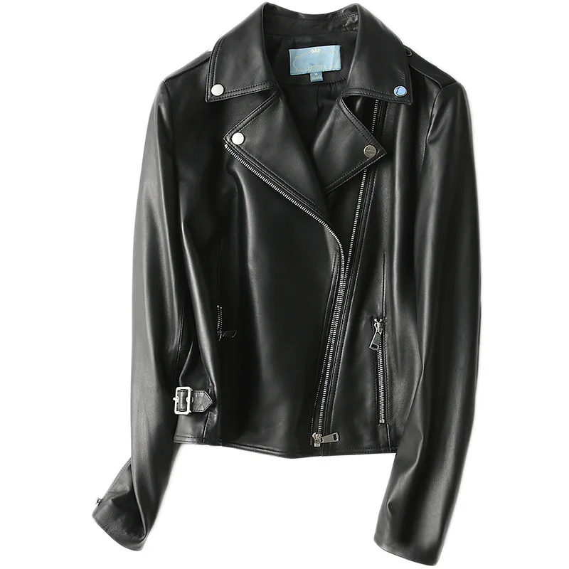 2021 Spring Black Genuine Leather Short Sheepskin Turn Down Collar Long Sleeves Zipper Slim Motorcycle Leather Jacket for Women