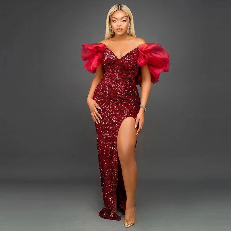 

Red strapless slit sequin sexy prom evening dress banquet party dress
