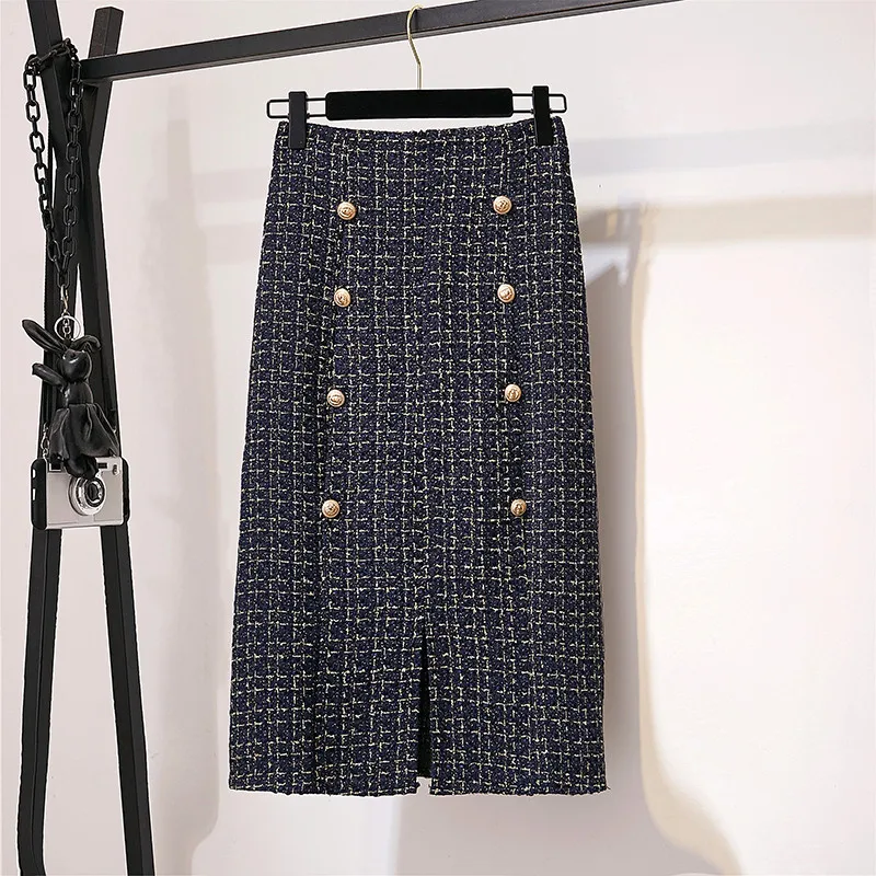 

Women 2020 Spring Autumn Chic Tweed Skirt 2 Piece Set Female Bare Shoulders Knitted Sweater +Button Plaid Split Skirt Set R120