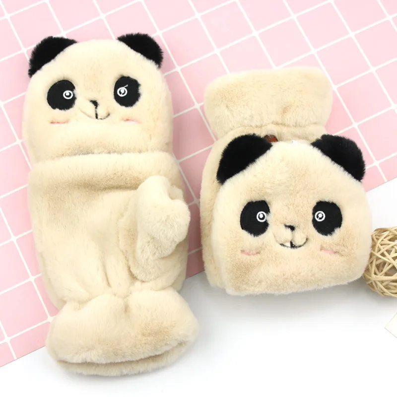 Симпатичные Мультяшные перчатки на полпальца с изображением панды плюшевые без