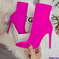 2020 plus size 42 women fetish silk sock boots 11 5cm high heels stretch stiletto heels red neon green ankle boots peach shoes