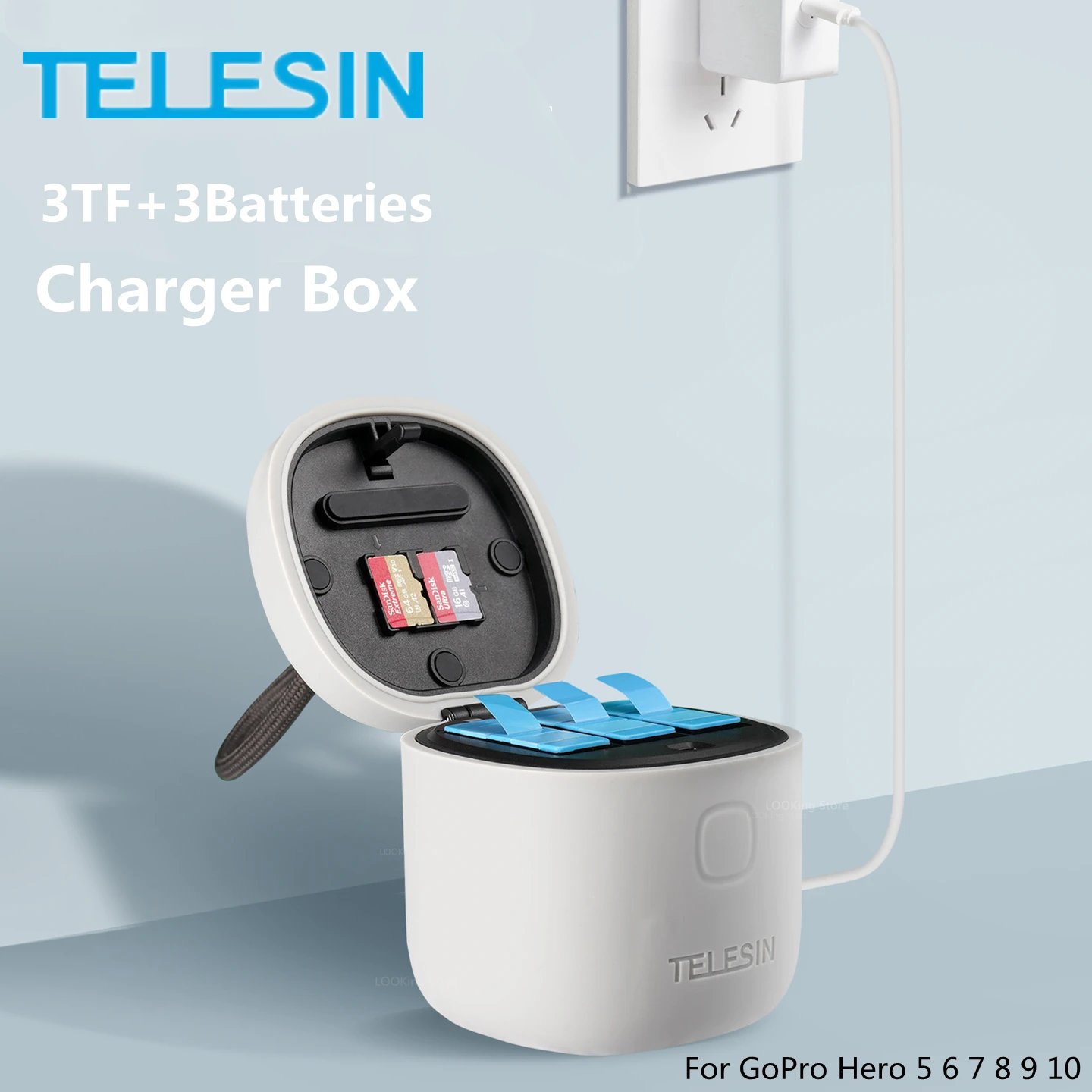 

TELESIN 3Pack Battery For GoPro 10 9 8 7 Black 3 Slots Charger TF Card Reader Storage Charging Box for GoPro Hero 5 6 7 8 9 10
